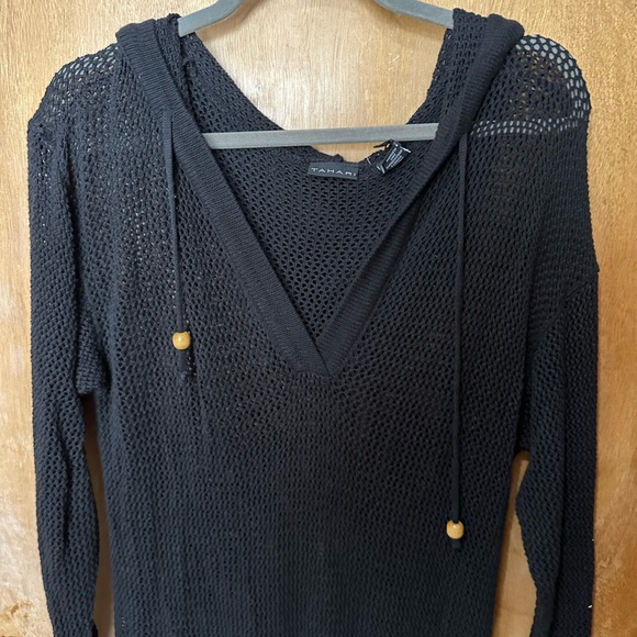 Tahari V Neck Black Open Knit Mesh Hooded Long Swim Cover-Up Large NWT - Picture 5 of 10
